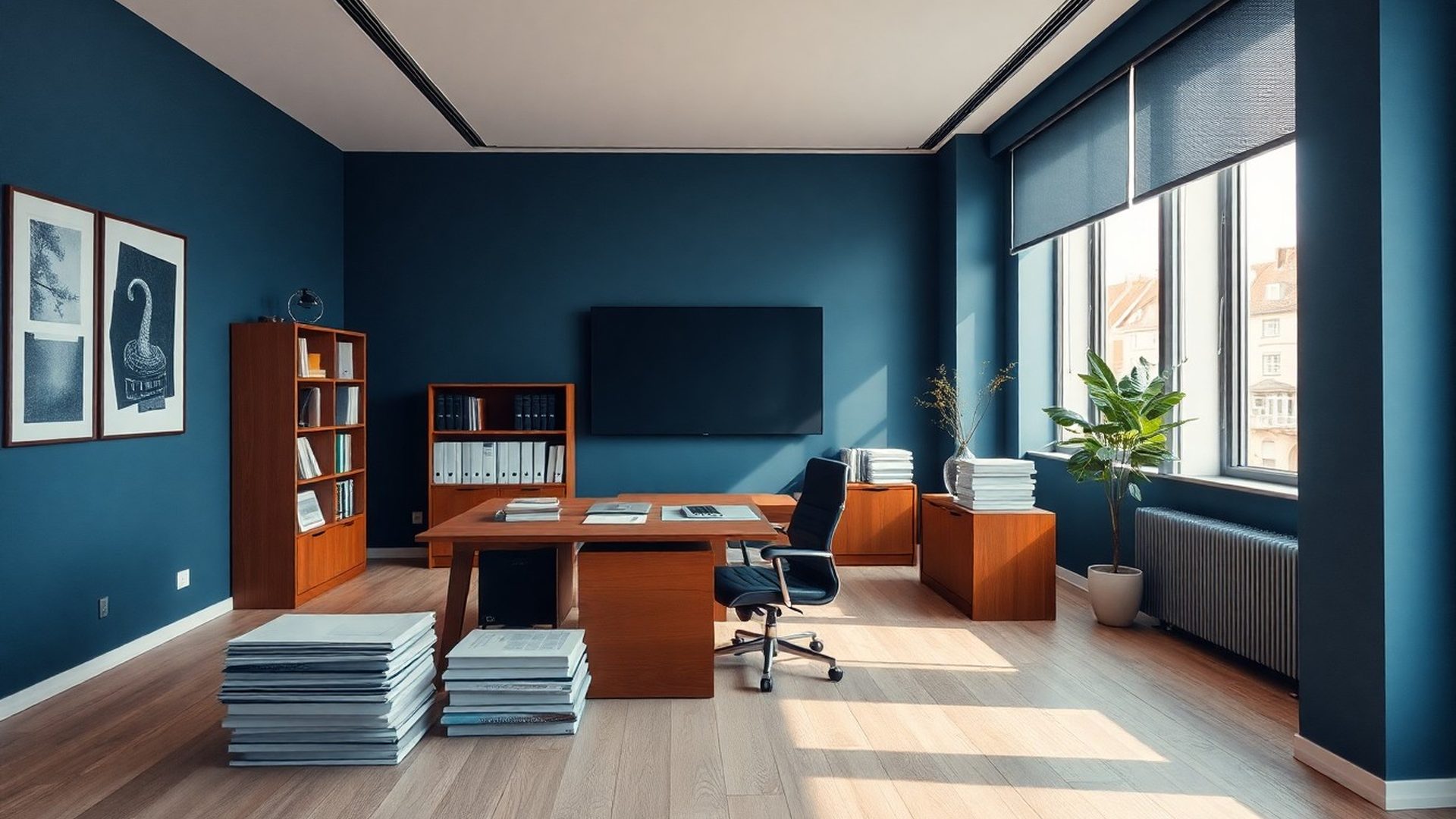 Interior de birou de consultanță fiscală în Sibiu, cu tonuri indigo