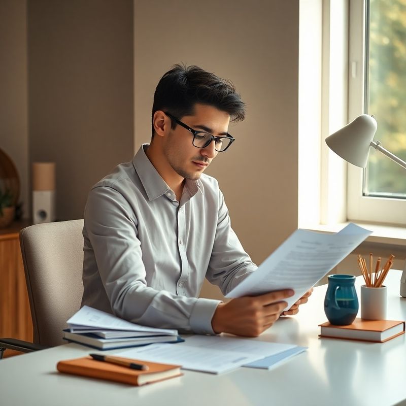 Persoană verificând documente fiscale la un birou minimalist