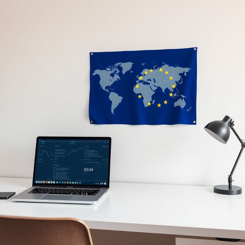 Hartă mondială și steagul UE alături de laptop cu date financiare